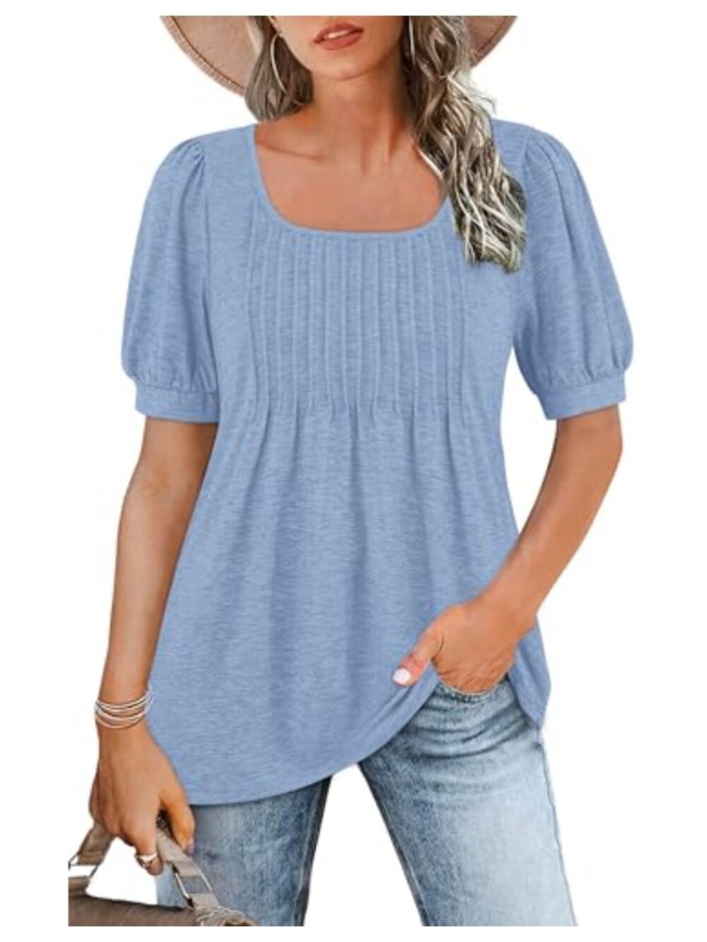 Womens Summer Tunic Top Square Neck Puff Short Sleeve Babydoll Blouse